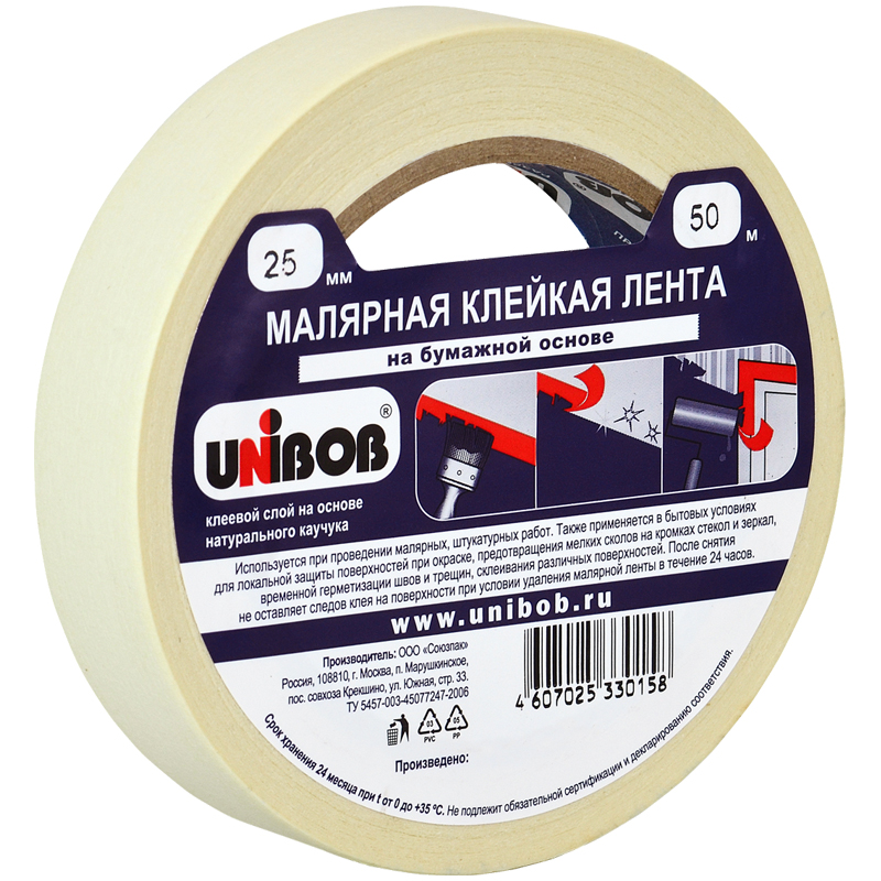 Клейкая лента малярная Unibob, 25мм*50м, инд.упаковка