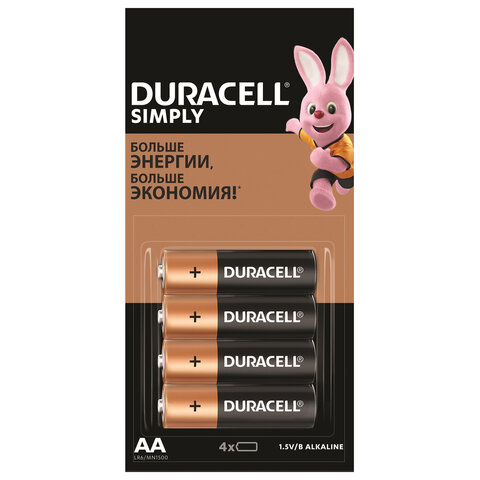 Батарейки КОМПЛЕКТ 4 шт. (отрывной блок), DURACELL Simply, AA (LR06, 15А), алкалиновые, пальчиковые,