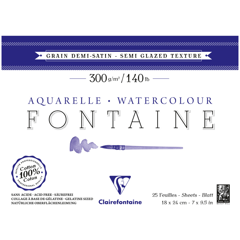 Альбом для акварели 25л., 18*24, на склейке Clairefontaine "Fontaine Demi-satiné", 300г/м2, горяч. п