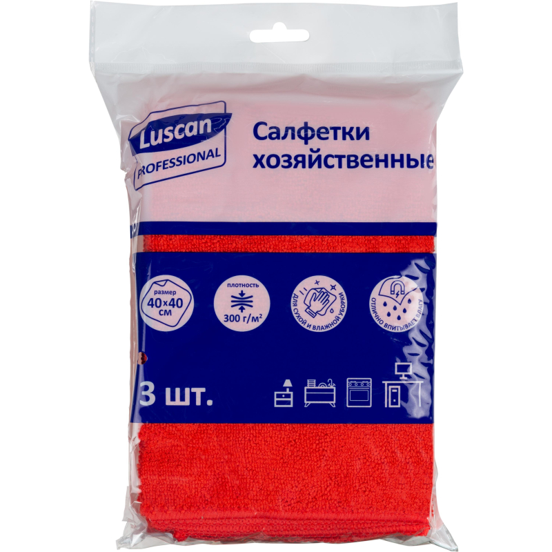 Салфетки хозяйственные Luscan Professional микрофибра 40х40 300 г/кв.м красные 3 штуки в упаковке