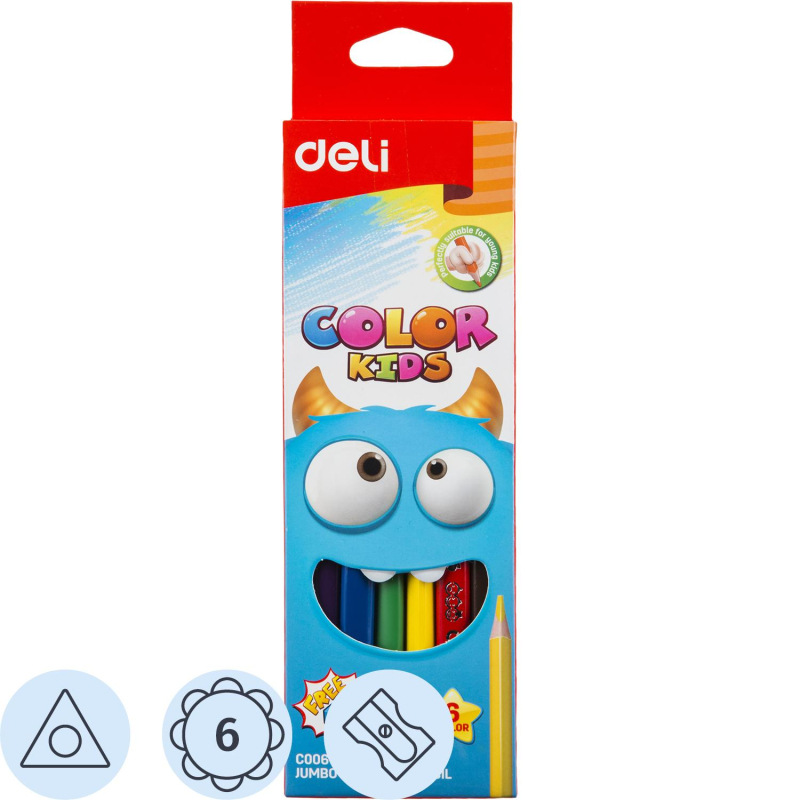 Карандаши цветные Deli EC00660 COLOR KIDS 3-гран. 6цв/наб Jumbo