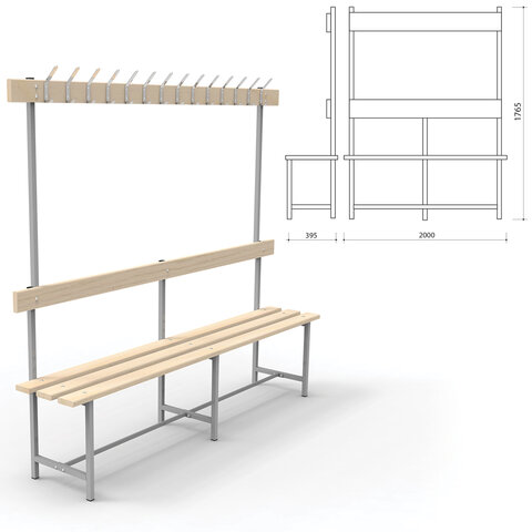 Скамья с вешалкой, спинкой "СВТ 6", 1765х2000х395 мм, 14 крючков, каркас металлический серый, сидень