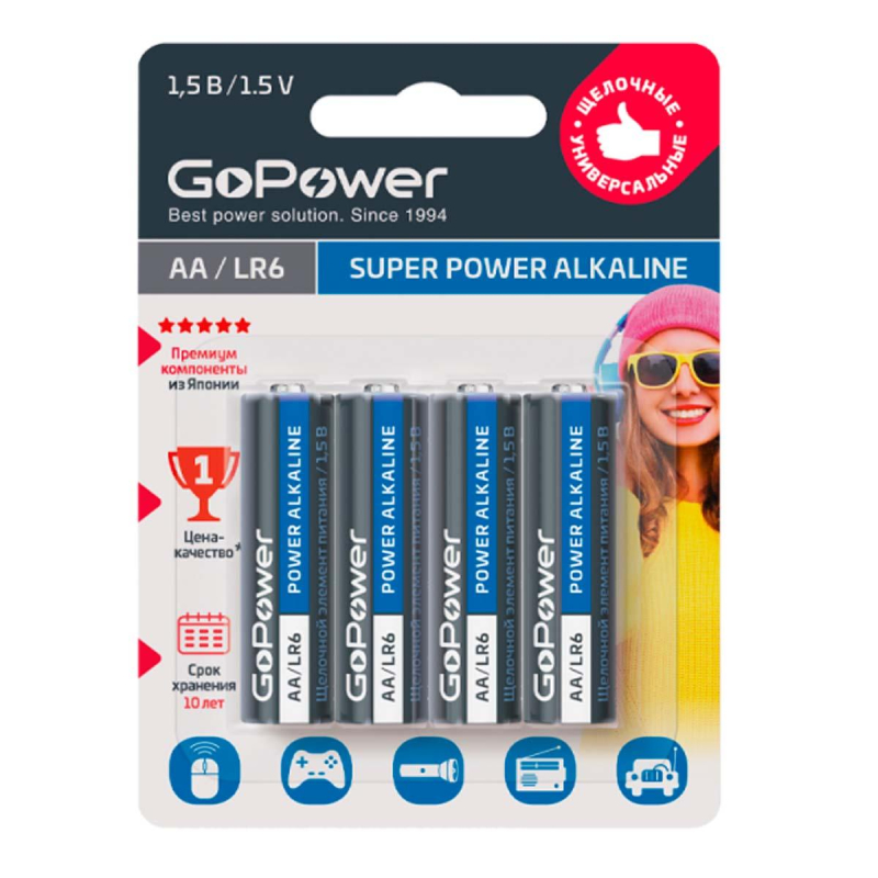 Батарейка AA пальчиковая GoPower (4 штуки в упаковке)