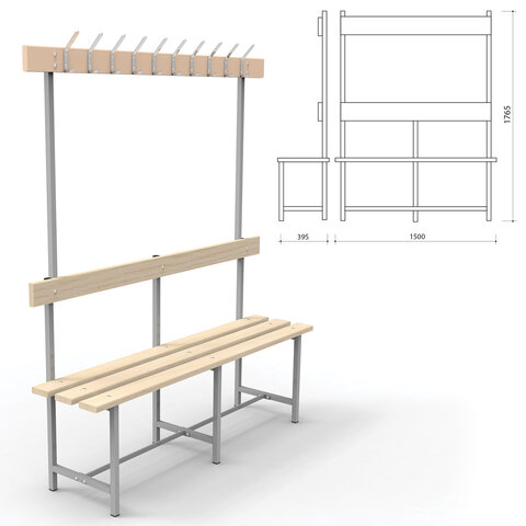 Скамья с вешалкой, спинкой "СВТ 5", 1765х1500х395 мм, 10 крючков, каркас металлический серый, сидень