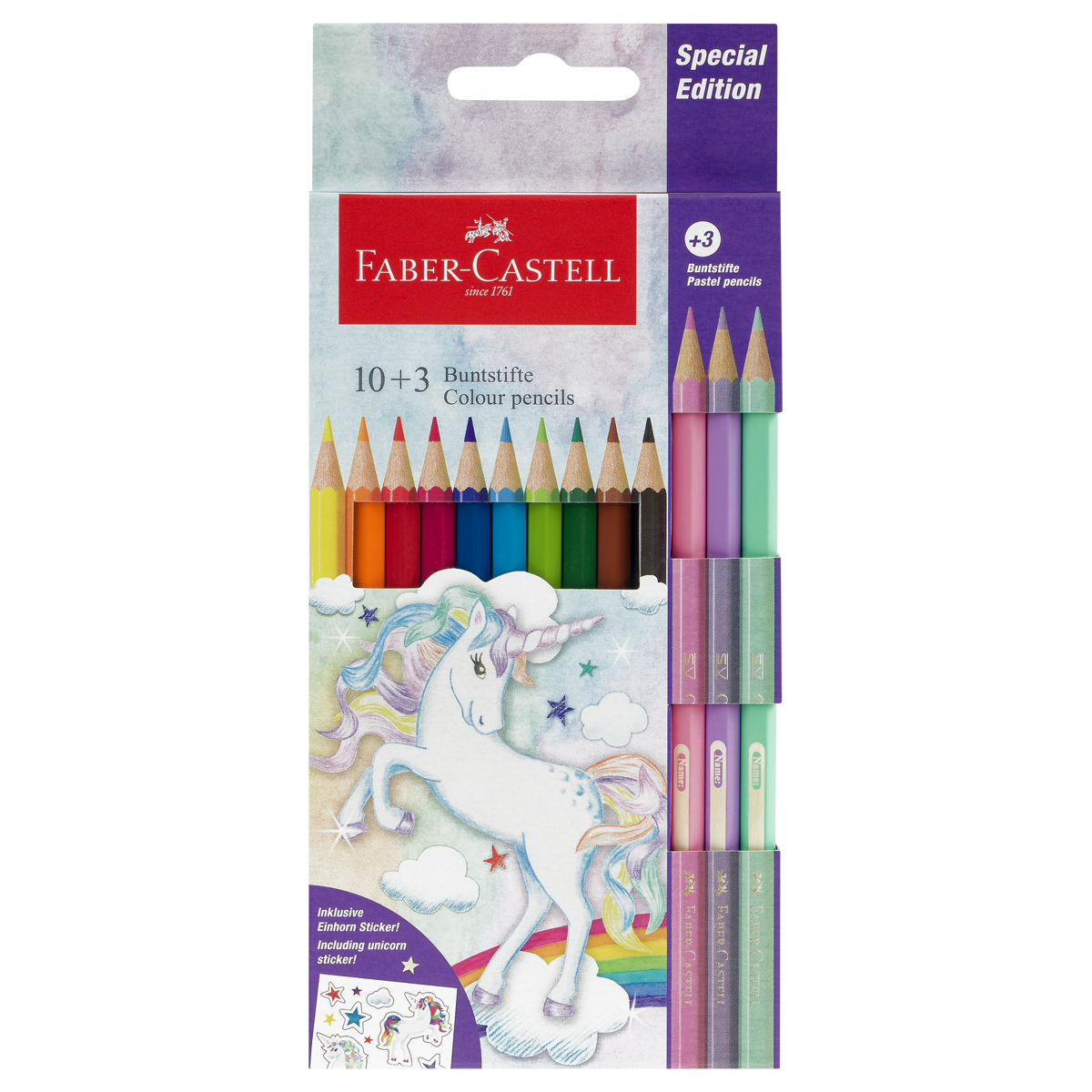 Карандаши цветные Faber-Castell "Unicorn", 10цв., шестигр., заточ.+3 паст. цв., картон, европодвес