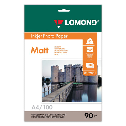 Фотобумага A4, 90 г/м2, 100 листов, односторонняя, матовая, LOMOND, 0102001