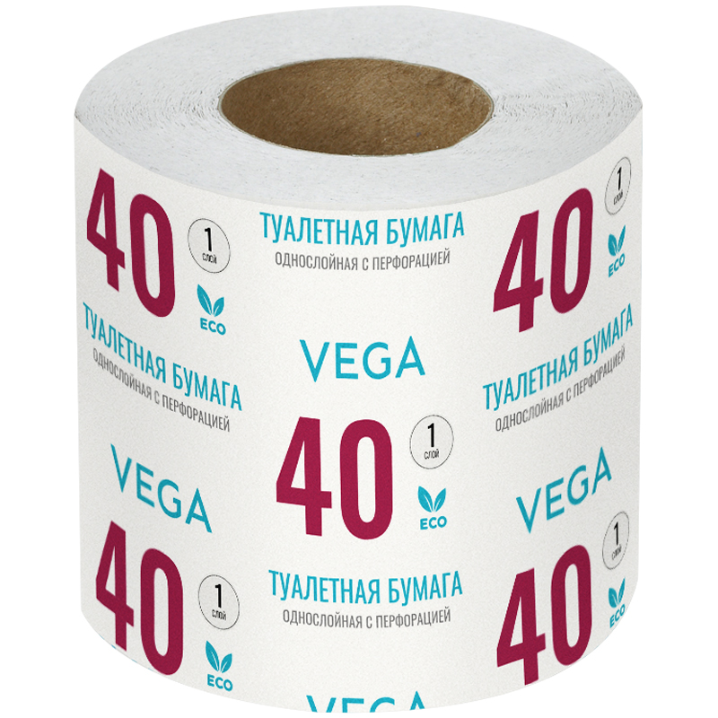 Бумага туалетная Vega, 1-слойная, 40м/рул., на втулке, с перф., серая,48шт/уп