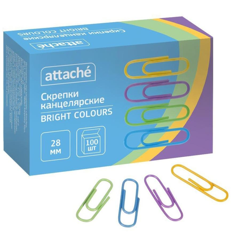 Скрепки Attache Bright Colours полимерные, 28 мм, 100 шт