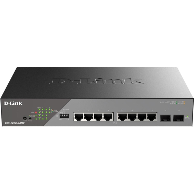 Коммутатор D-Link DSS-200G-10MP/A1A, L2 8x1000Base-T PoE и 2xSFP