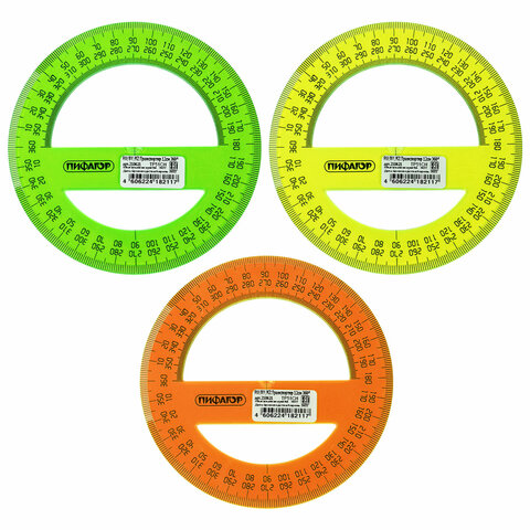 Транспортир 12 см, 360 градусов, прозрачный, неоновый, ассорти, 210621