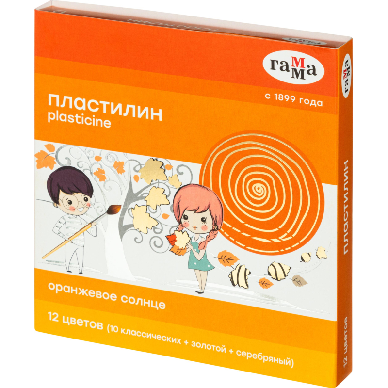 Пластилин Гамма Оранжевое солнце,наб.12цв(10клас,зол,серебр),172г,со стеком