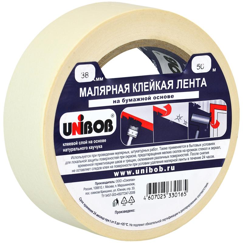 Клейкая лента малярная Unibob, 38мм*50м, инд.упаковка