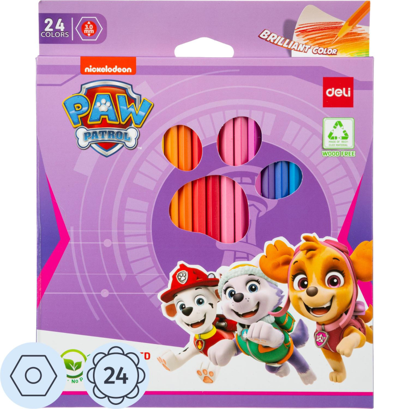 Карандаши цветные Deli Paw Patrol EC125-24, 24 цв/наб, 6-гранные, пластик