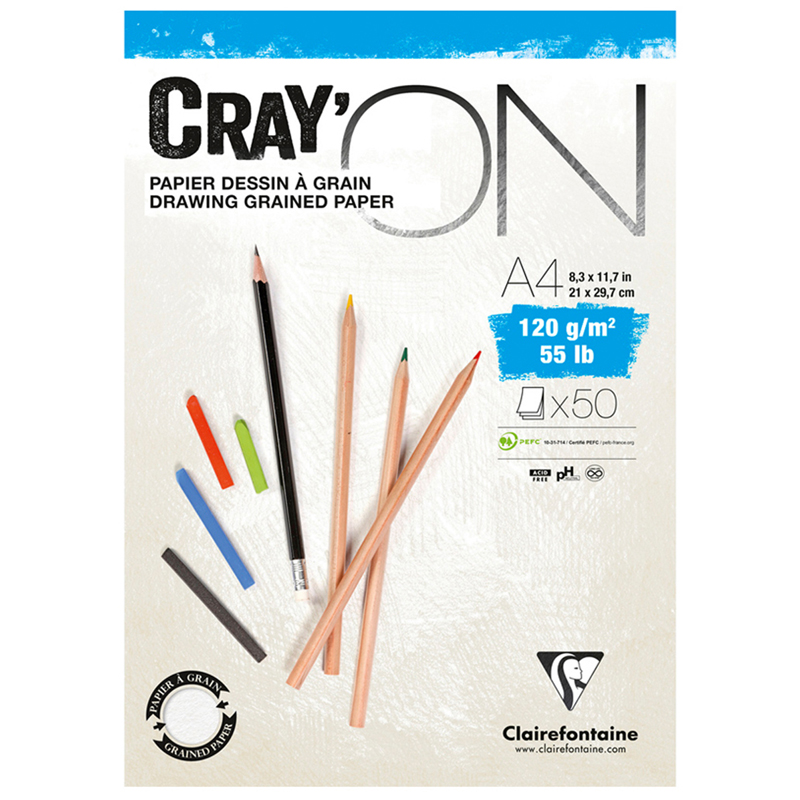 Скетчбук - блокнот 50л., А4 Clairefontaine "Cray ON", на склейке, 120г/м2, мелкозерн.