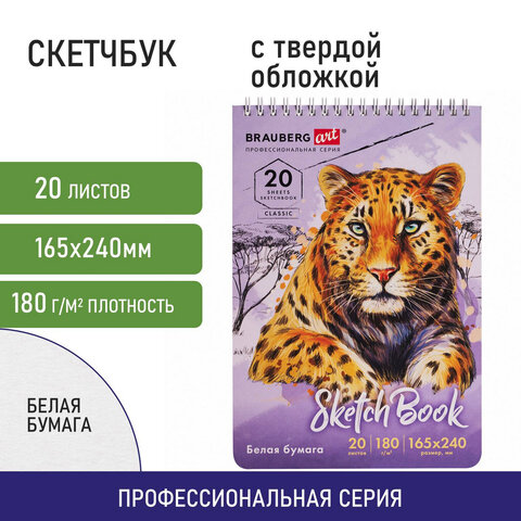 Скетчбук, белая бумага 180 г/м2, 165х240 мм, 20 л., гребень, твердая обложка, BRAUBERG ART CLASSIC,