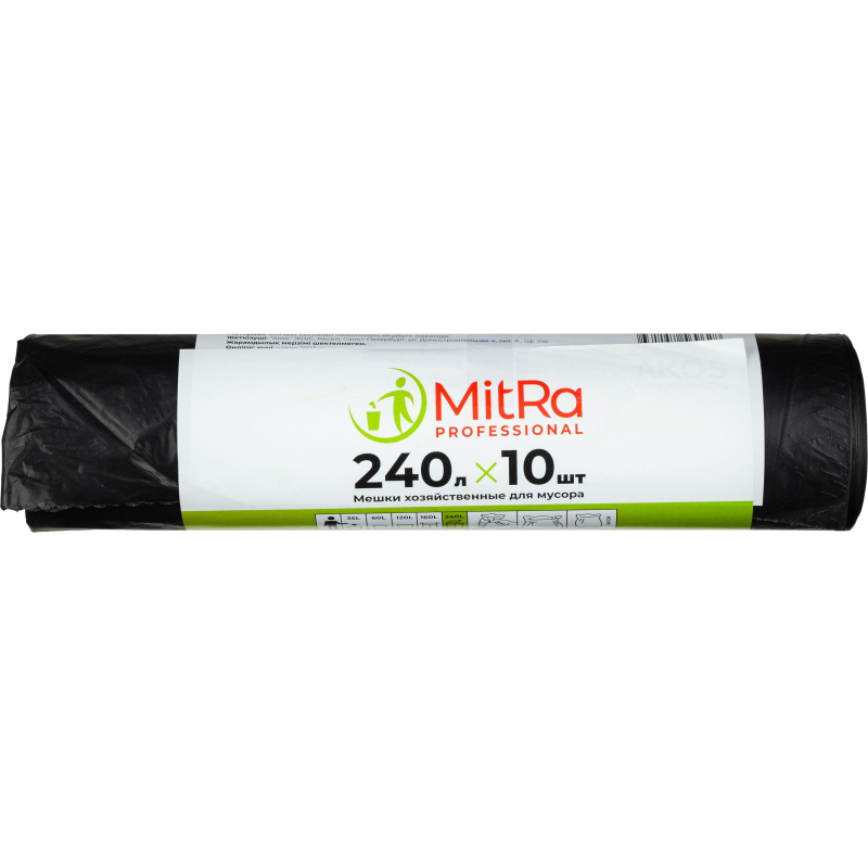 Мешки для мусора на 240 л Mitra Professional черные (ПВД, 30 мкм, в рулоне 10 штук, 112x140 см)