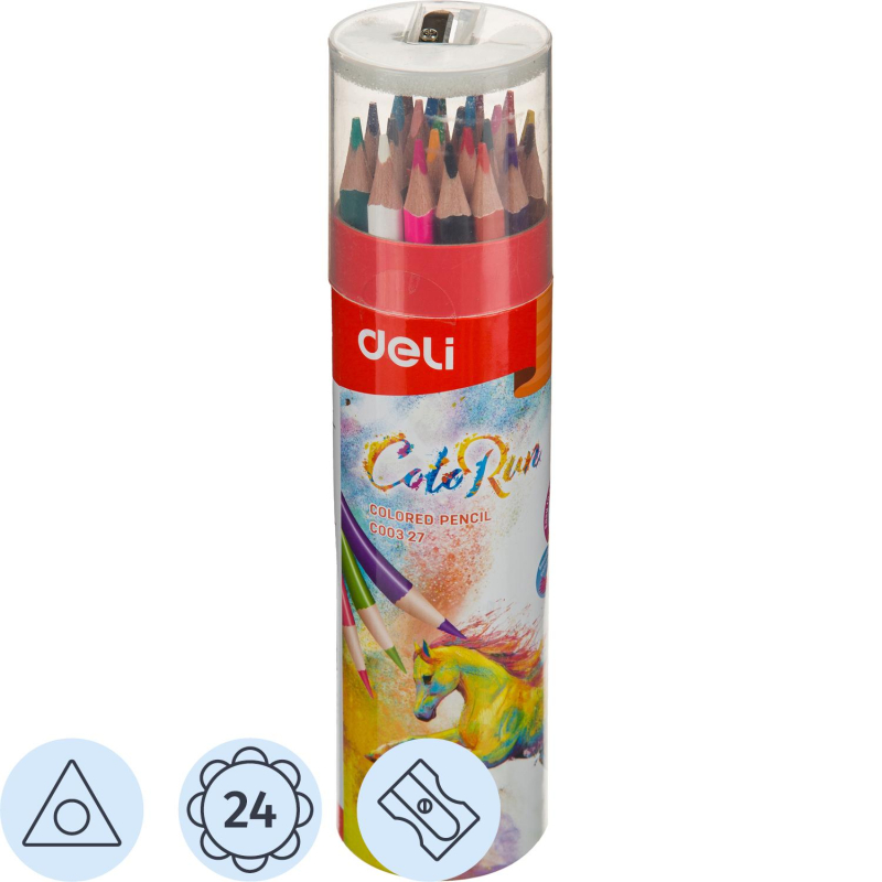 Карандаши цветные Deli EC00327 ColoRun 3-гран. 24цв/наб точилка карт.тубус