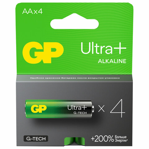 Батарейки КОМПЛЕКТ 4 шт., GP Ultra Plus, AA (LR06, 15А), алкалиновые, пальчиковые, блистер, 15AUP-2C