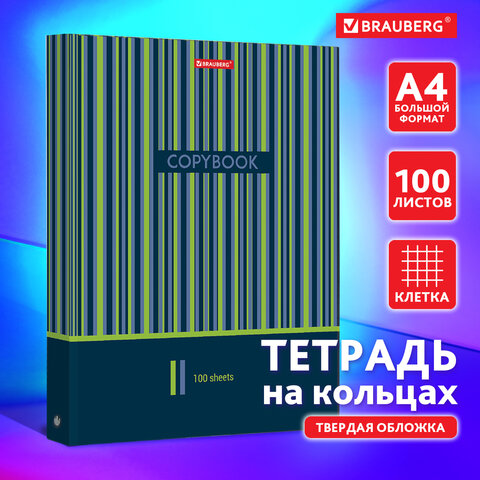 Тетрадь на кольцах БОЛЬШОГО ФОРМАТА 225х300 мм А4, 100 л., обложка картон, клетка, BRAUBERG, "Полосы