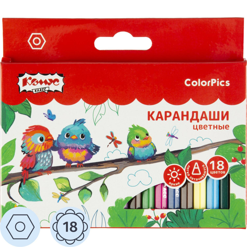 Карандаши цветные 18 цв/наб 6-гран №1School/Комус Класс ColorPics кртк,88мм