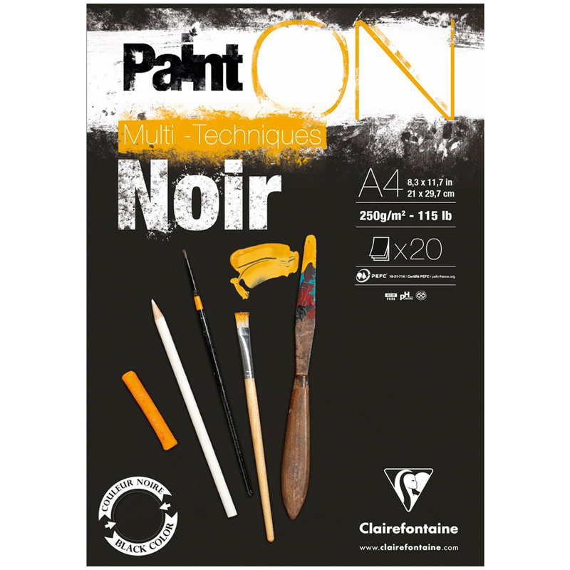 Скетчбук - альбом для смешанных техник 20л., А4, на склейке Clairefontaine "Paint'ON Noir", 250г/м2,