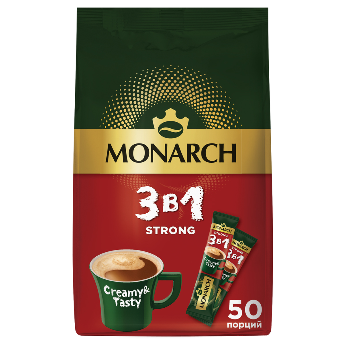 Кофе растворимый Monarch "Strong", 3в1, порошкообразный, порционный, 50 пакетиков*13,5г, мягкая упаковка