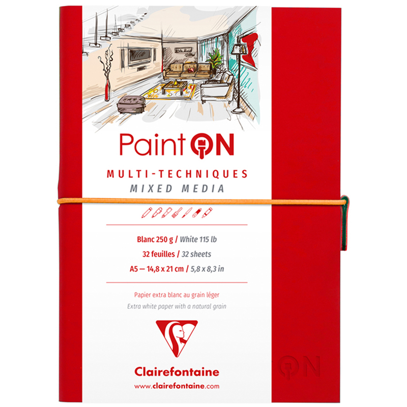 Скетчбук для смешанных техник 32л., А5 Clairefontaine "Paint ON", на сшивке, 250г/м2, мелкозерн., ре