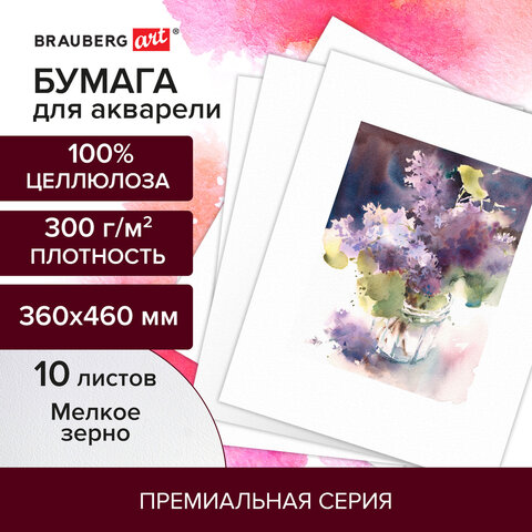 Бумага для акварели 300 г/м2 360x460 мм мелкое зерно, 10 листов, BRAUBERG ART PREMIERE, 113227