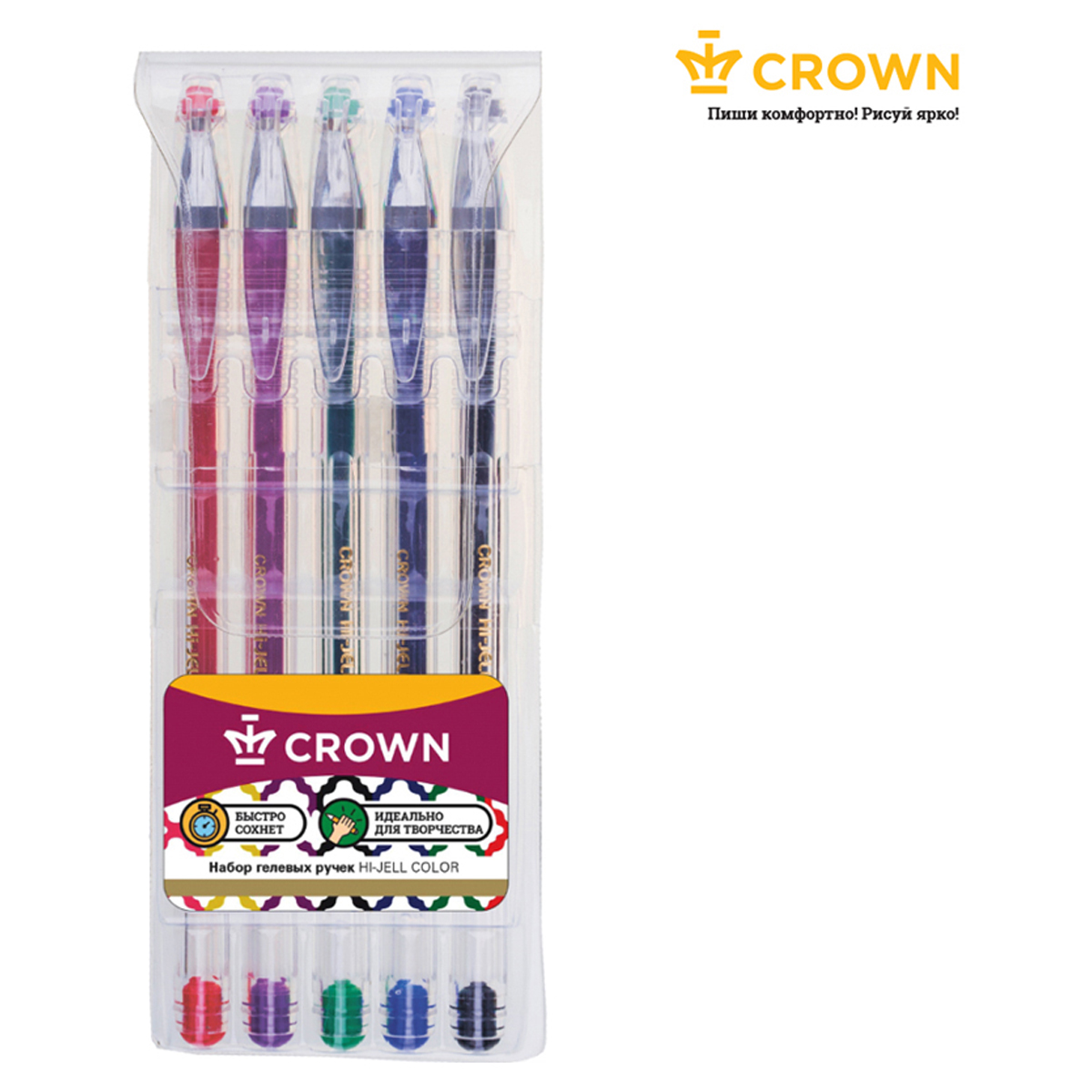 Набор гелевых ручек Crown "Hi-Jell Color" 5шт., 5цв., 0,5мм, ПВХ уп., европодвес