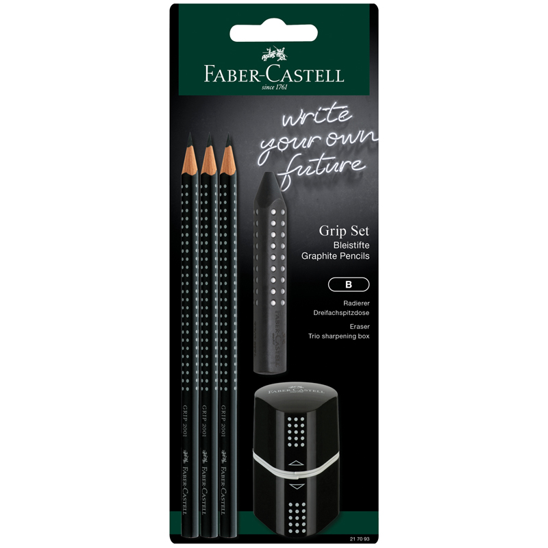 Набор карандашей ч/г Faber-Castell "Grip 2001" 3шт., трехран., заточен., ластик, точилка, черный бли