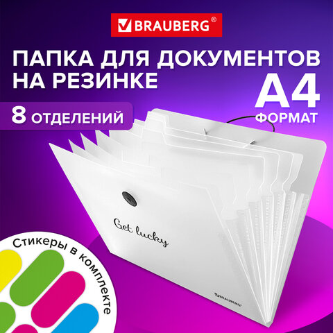 Папка-органайзер на резинке 8 отделений, BRAUBERG "Glassy", А4, прозрачная