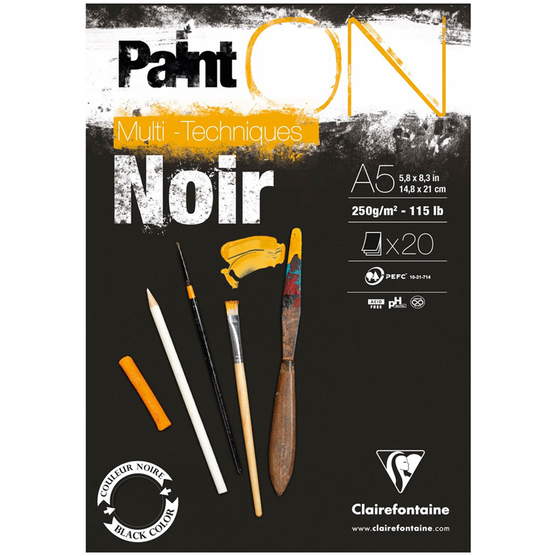 Скетчбук - альбом для смешанных техник 20л., А5, на склейке Clairefontaine "Paint'ON Noir", 250г/м2,