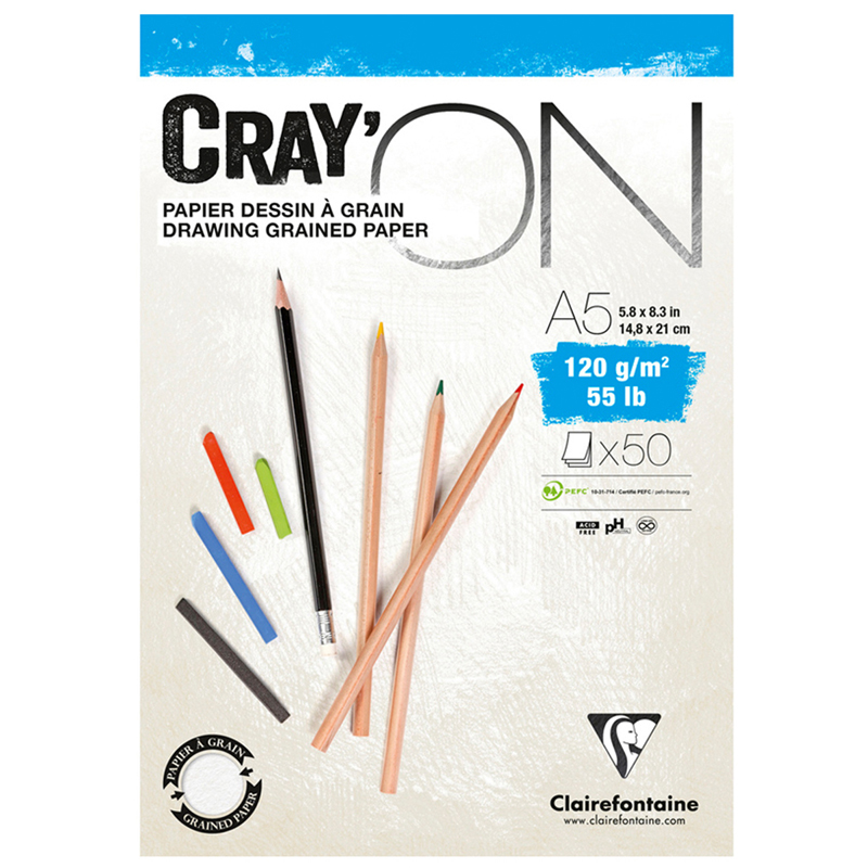 Скетчбук - блокнот 50л., А5 Clairefontaine "Cray ON", на склейке, 120г/м2, мелкозерн.